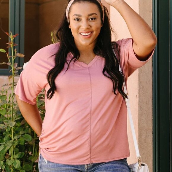 143 Story Dusty Rose V-Neck Top w/ Stitch Detail - Picture 1 of 4